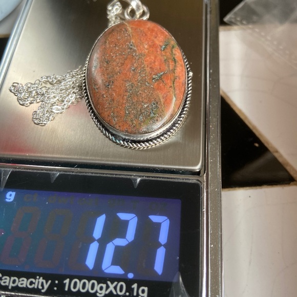 Huge Unakite oval silver Victorian pendant necklace - Picture 4 of 5